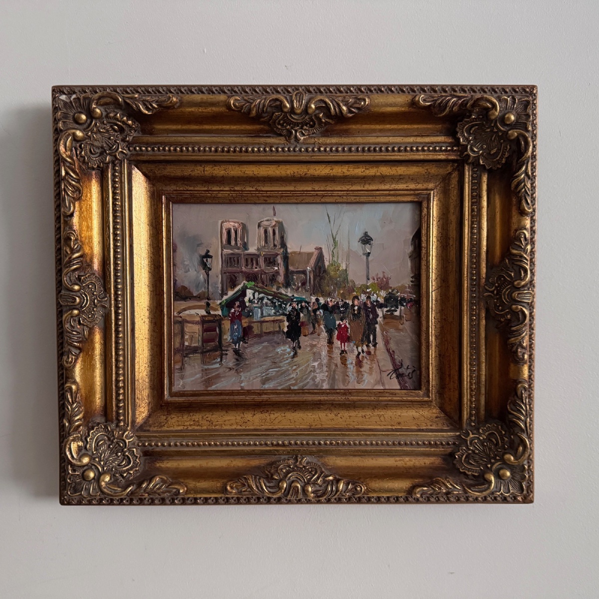 Huile sur panneau bouquinistes à Paris devant Notre Dame milieu XXe 