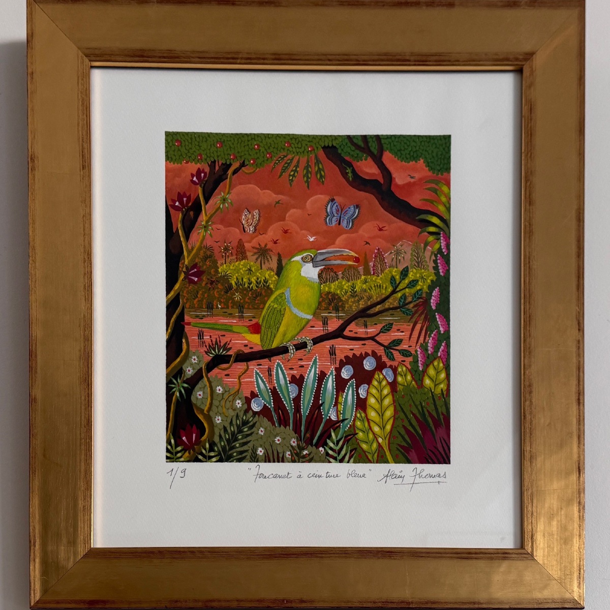Lithograph Countersigned By Alain Thomas, Blue-belted Toucanet Bird -photo-3