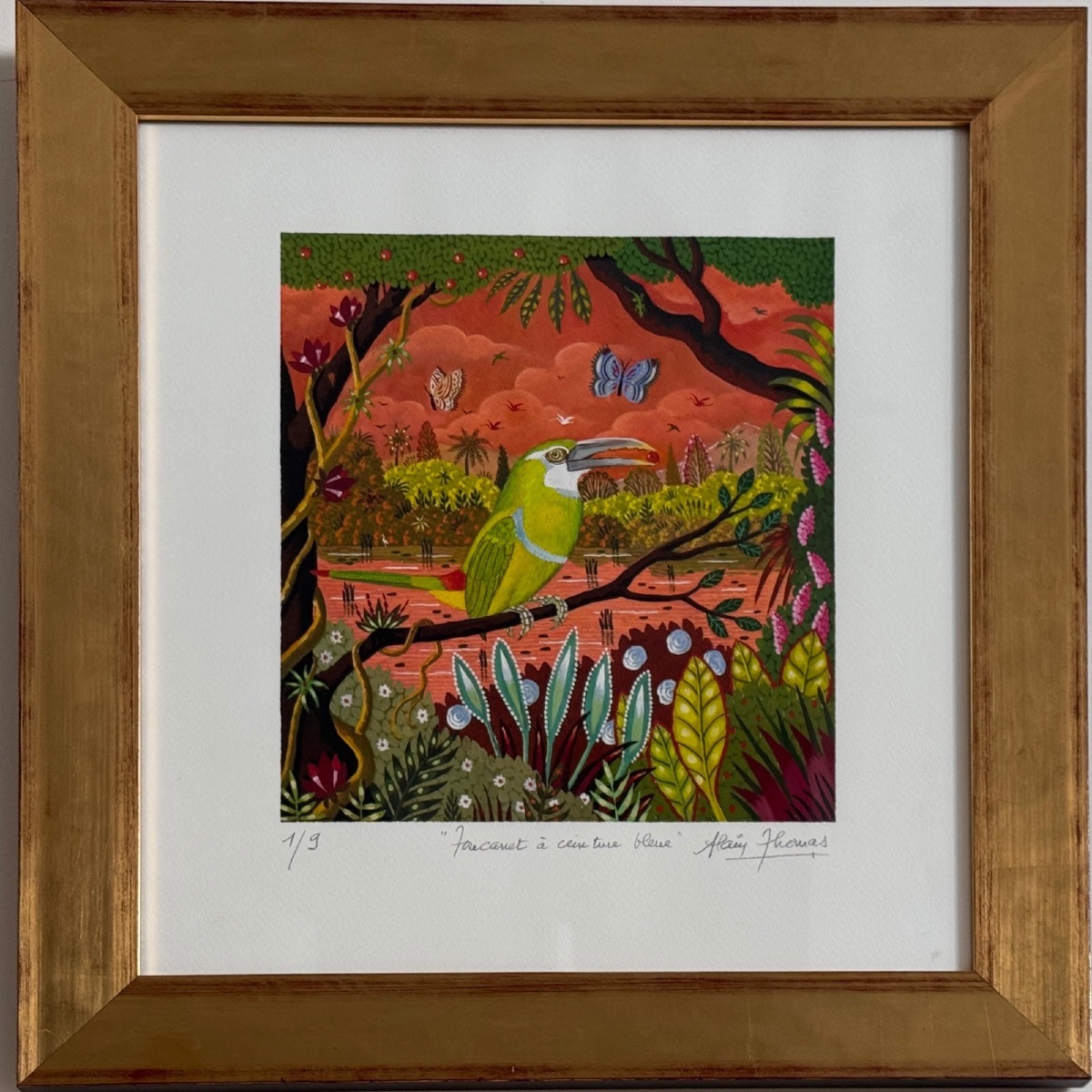 Lithograph Countersigned By Alain Thomas, Blue-belted Toucanet Bird -photo-4