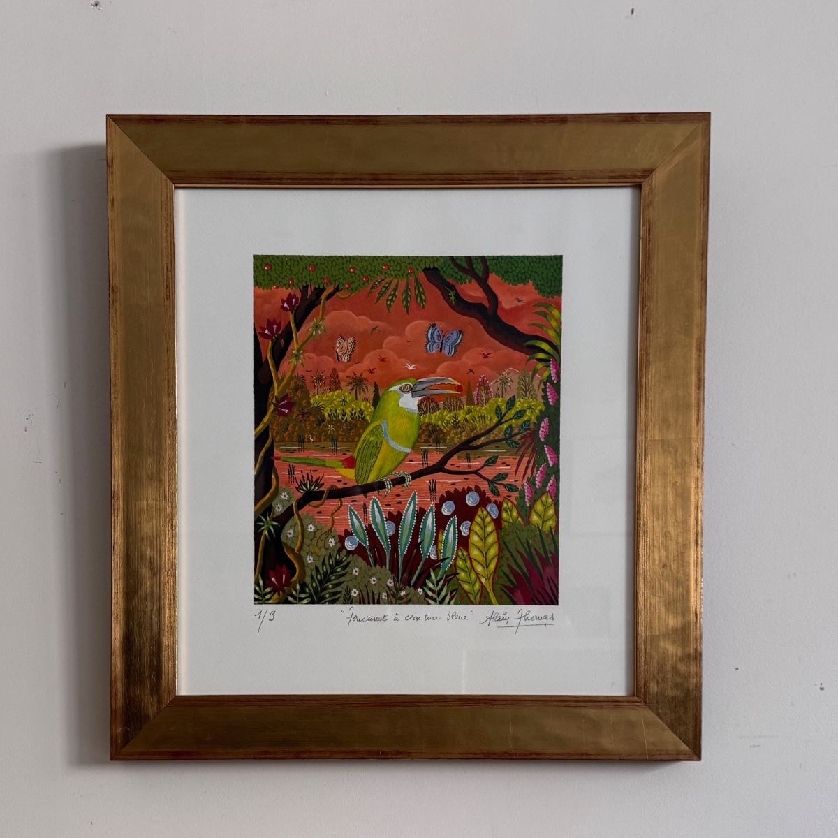 Lithograph Countersigned By Alain Thomas, Blue-belted Toucanet Bird 