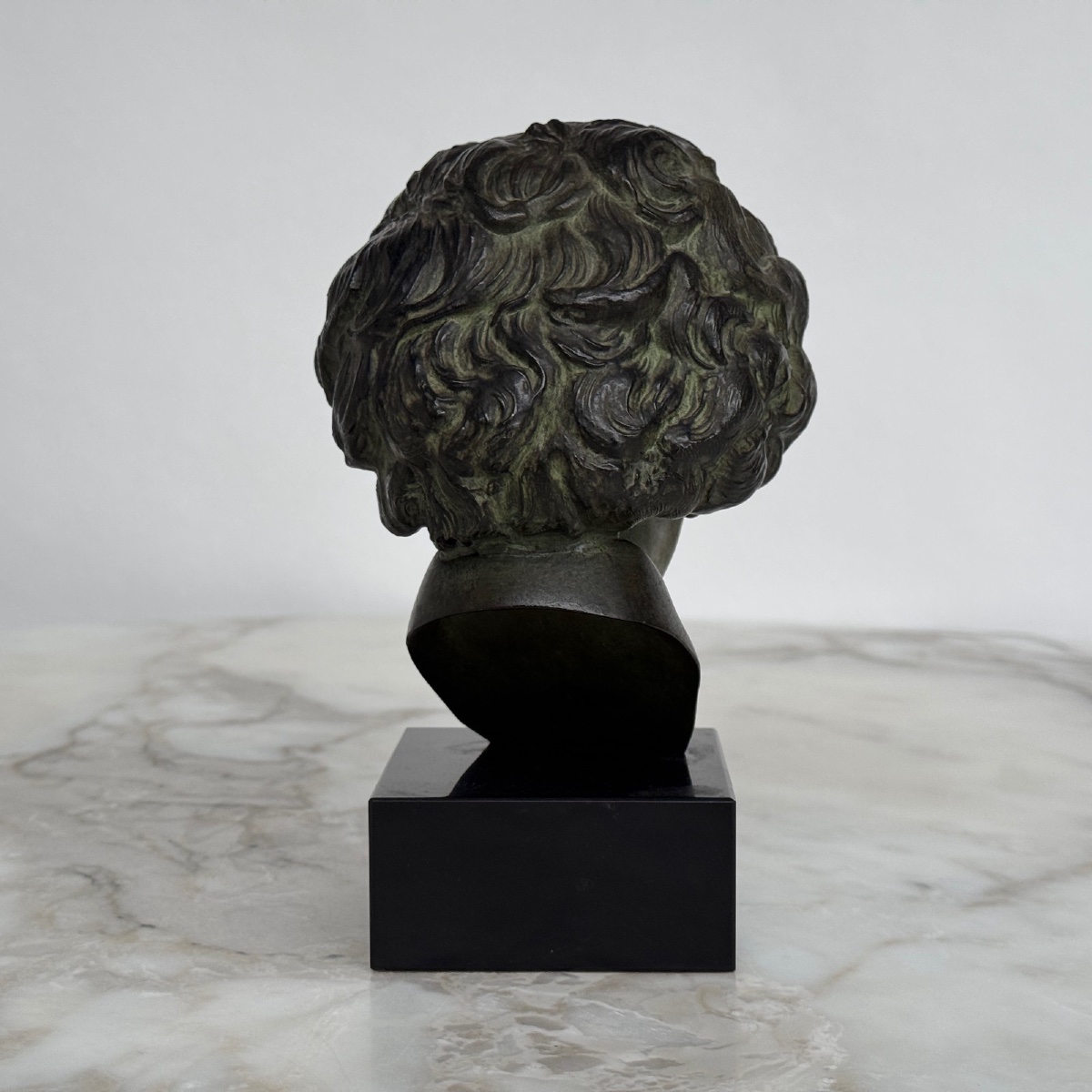Art Deco Bronze Sculpture From 1930 Depicting Beethoven, Green Patina, Marble Base -photo-4