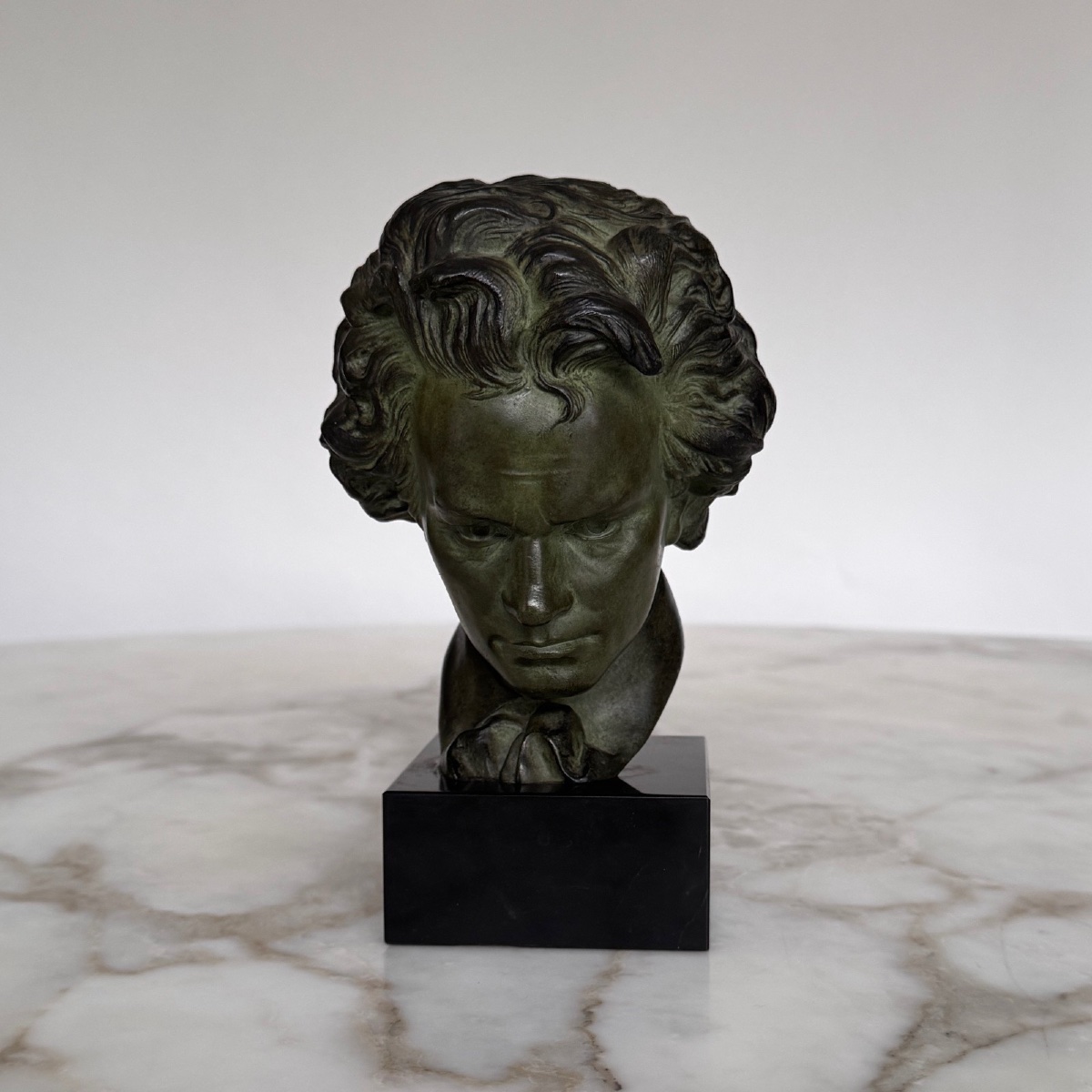 Art Deco Bronze Sculpture From 1930 Depicting Beethoven, Green Patina, Marble Base -photo-3