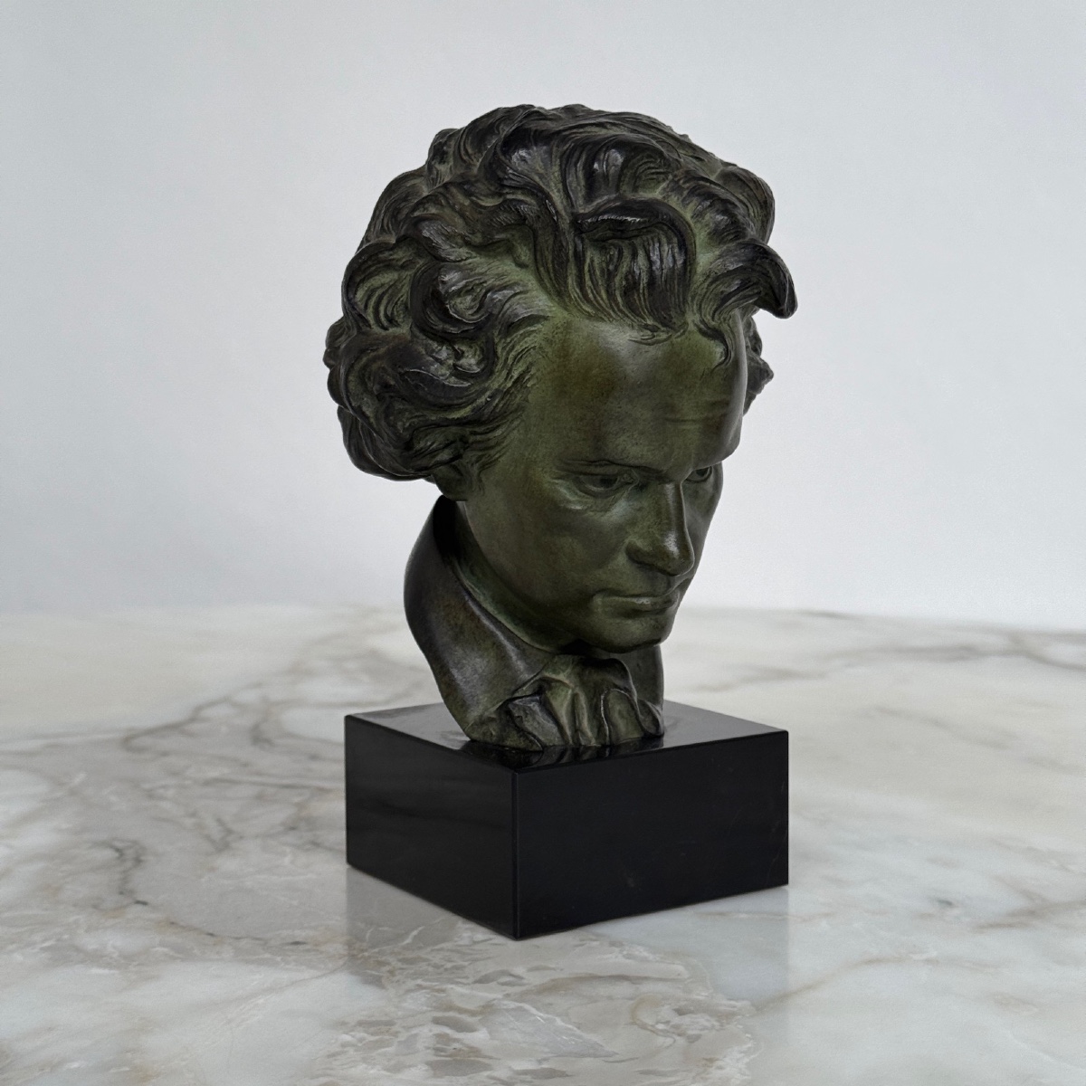 Art Deco Bronze Sculpture From 1930 Depicting Beethoven, Green Patina, Marble Base 