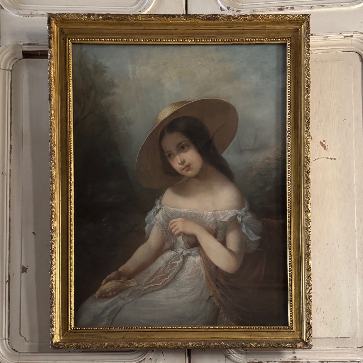 Portrait de jeune fille pastel sur toile milieu XIXe par Claude Gros -photo-2