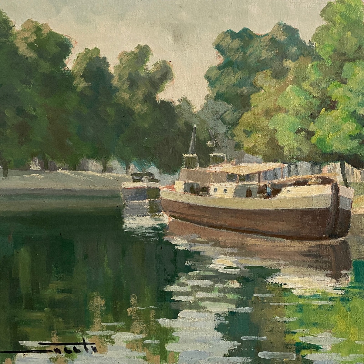 Huile sur toile XXe péniche sur les bords de l'Erdre Nantes -photo-4