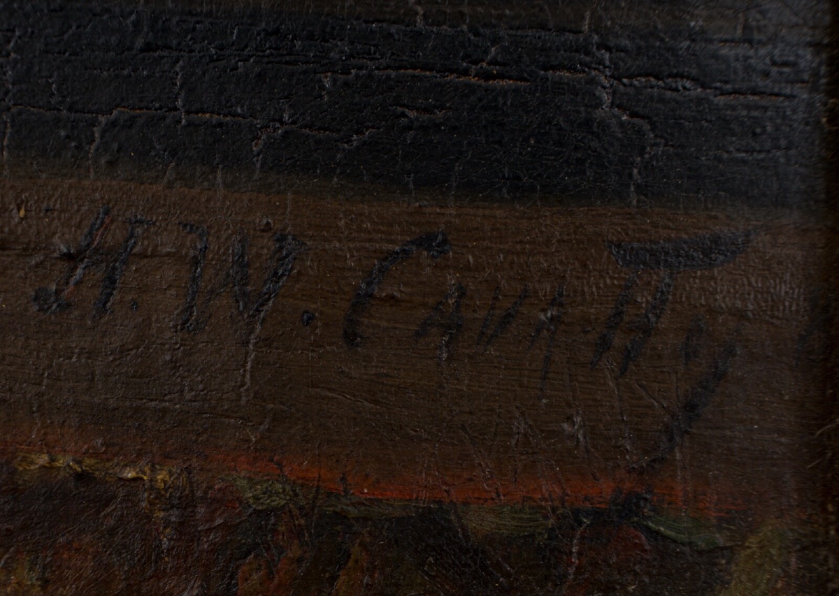 Huile sur toile par HW Cavatty jeune enfant devant un portrait XIXe-photo-3