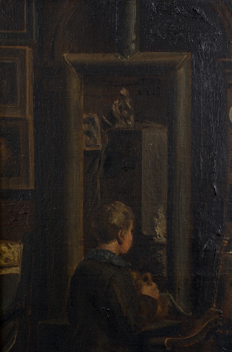 Huile sur toile par HW Cavatty jeune enfant devant un portrait XIXe-photo-4