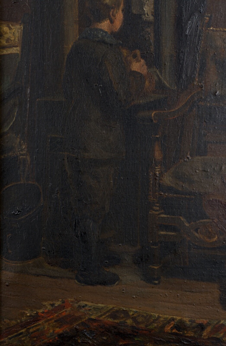 Huile sur toile par HW Cavatty jeune enfant devant un portrait XIXe-photo-2