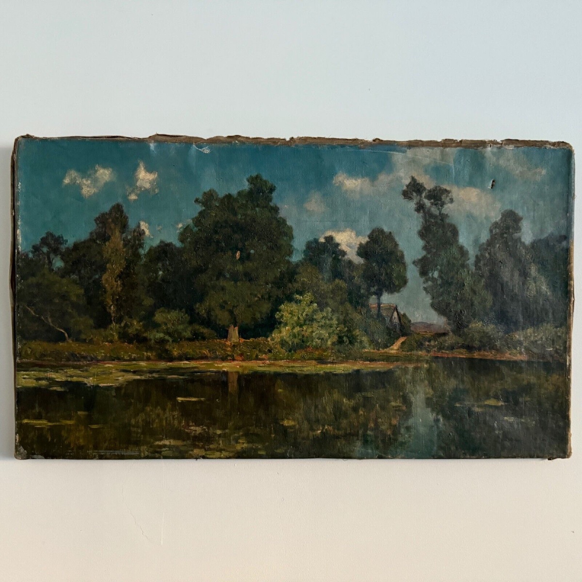 Huile sur toile XVIIIe lac et un sous-bois en arrière-plan -photo-2