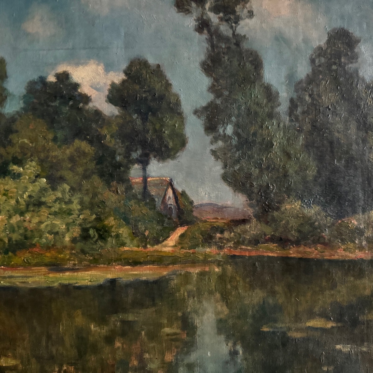 Huile sur toile XVIIIe lac et un sous-bois en arrière-plan -photo-4