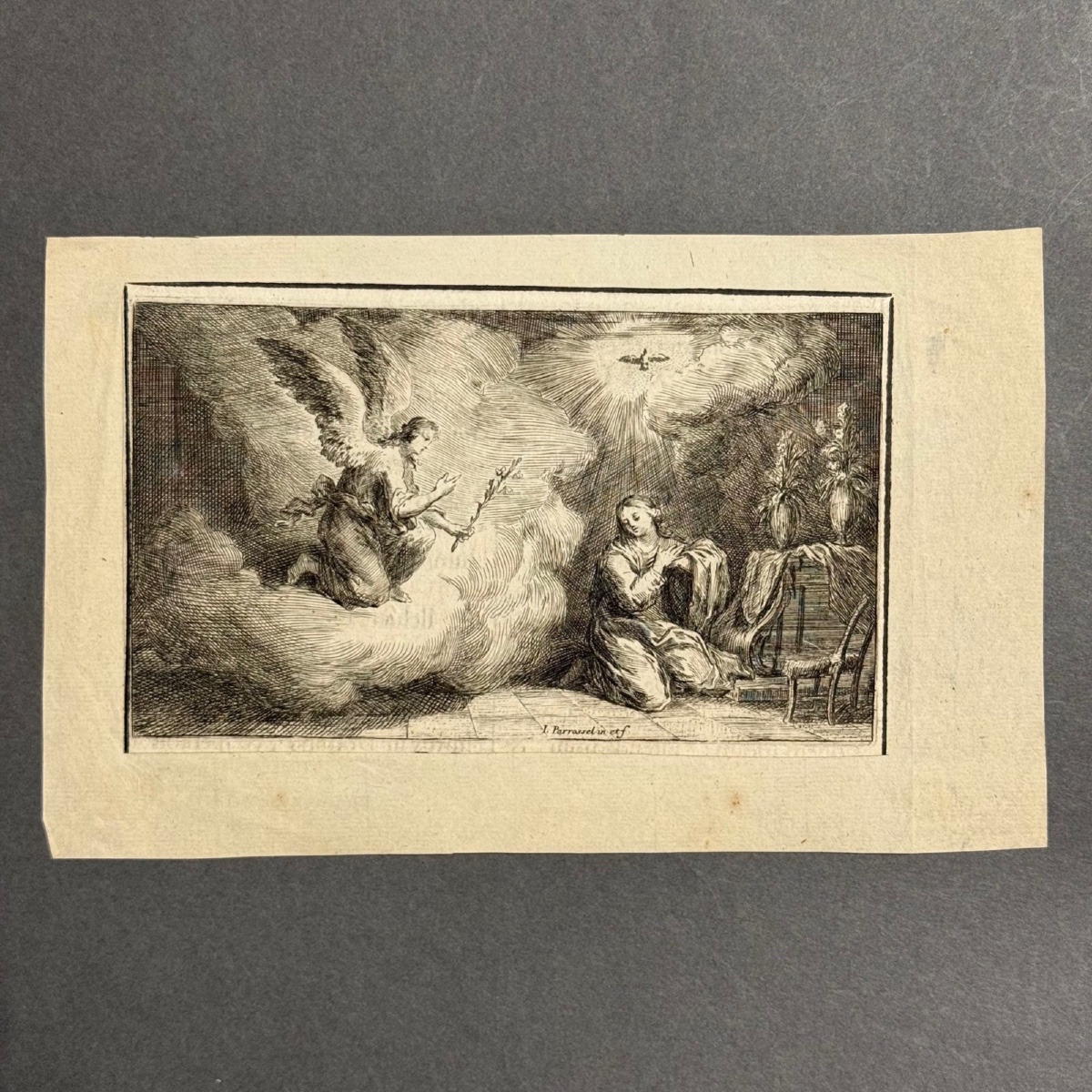Gravure XVIIe représentant l'Annonciation par Parrorsel 