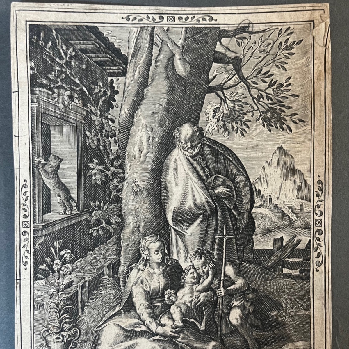 Gravure XVIIe représentant la Sainte Famille par Thomas de Leu fin XVIe-photo-3