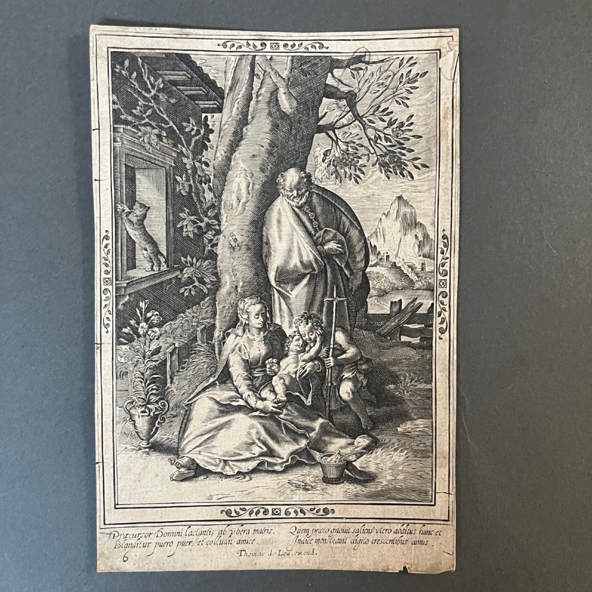 Gravure XVIIe représentant la Sainte Famille par Thomas de Leu fin XVIe