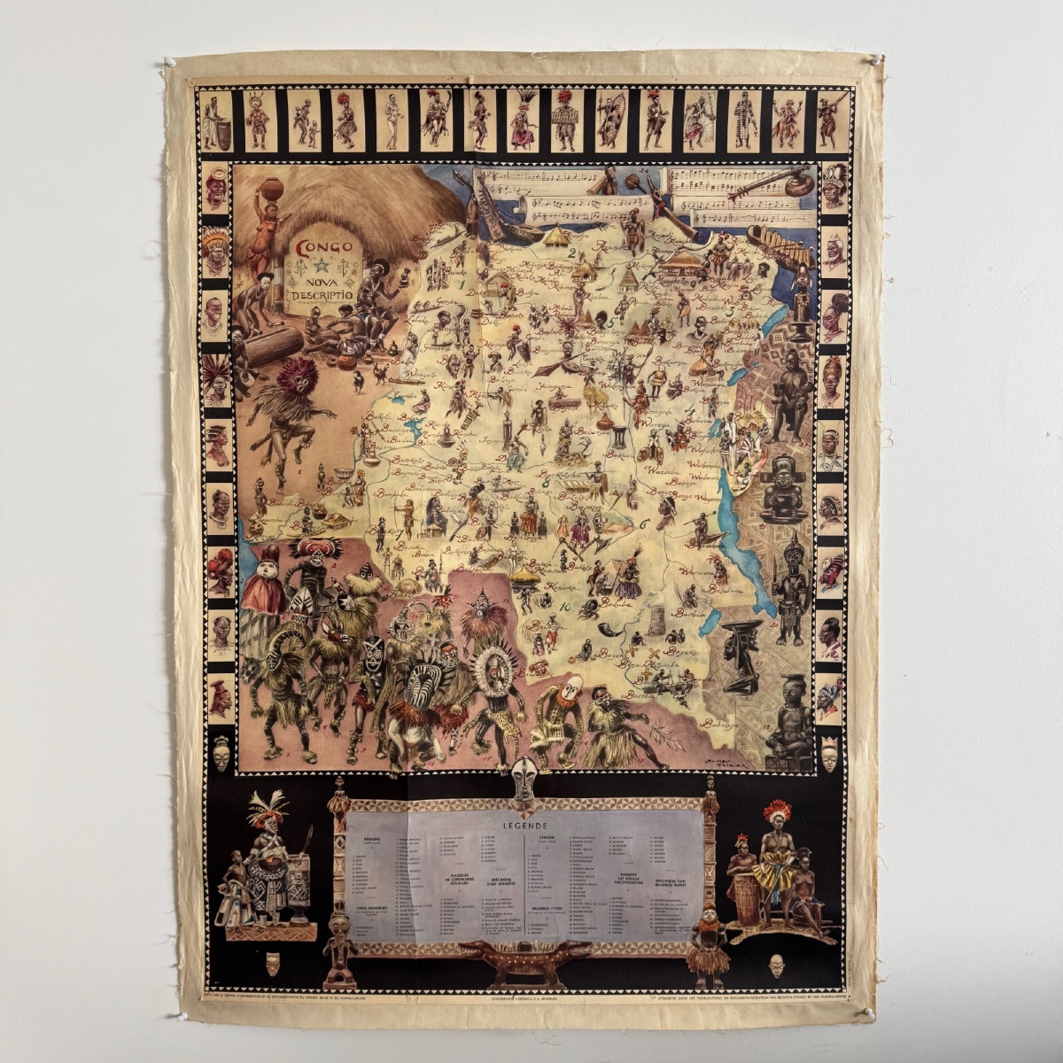 Affiche coloniale grande carte illustrée Congo belge Ruanda-Urundi 1930