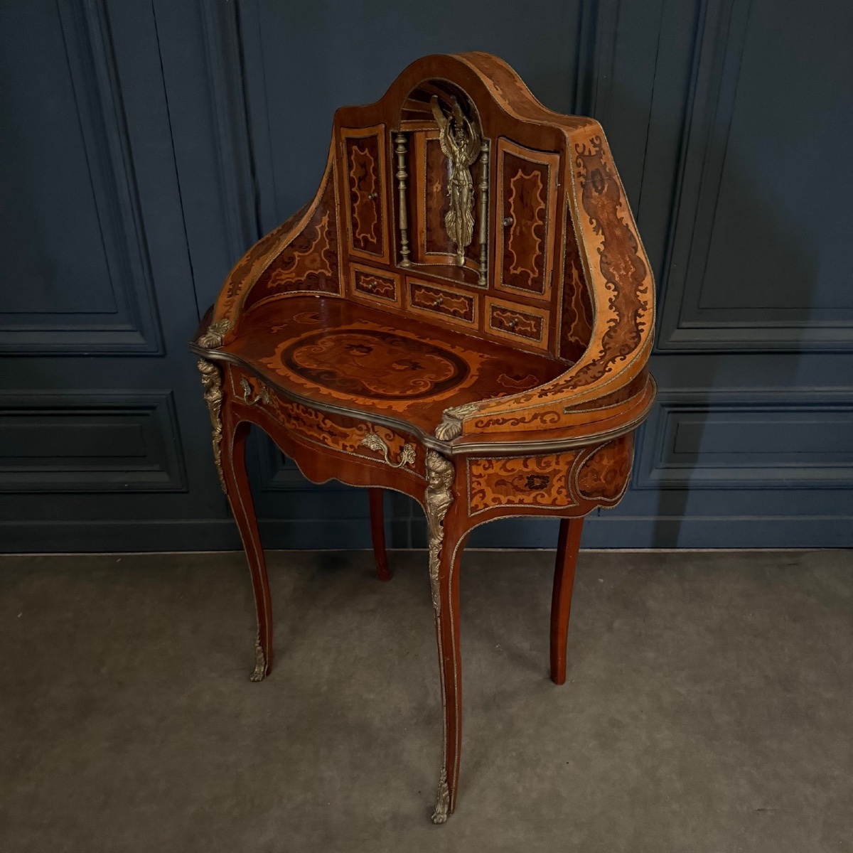 Late 19th Century Marquetry Lady's Desk In A Kidney Shape, Ornamented With Bronze-photo-4