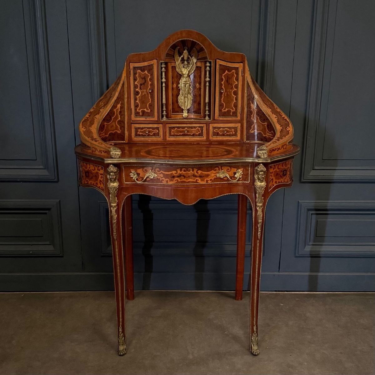 Late 19th Century Marquetry Lady's Desk In A Kidney Shape, Ornamented With Bronze