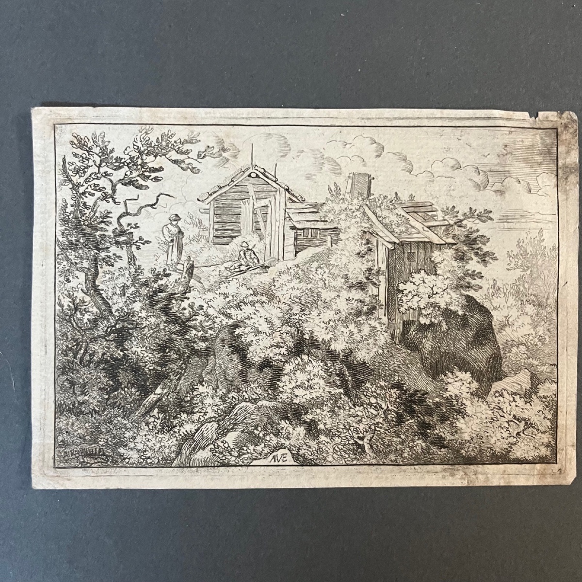 Gravure les 3 huttes au sommet milieu XVIIe par Allaert van Everdingen 