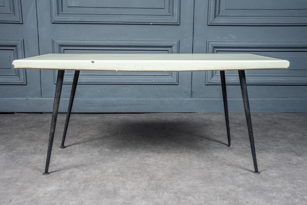 Table basse 1960 plateau crème pied en tubulaire design -photo-1