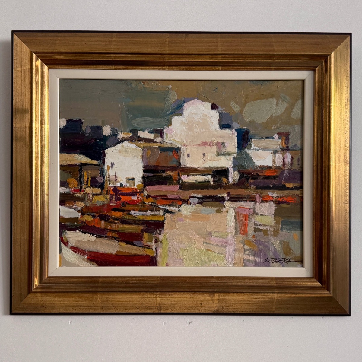 Oil On Panel Depicting A 20th-century Port By A. Eugenia-photo-2