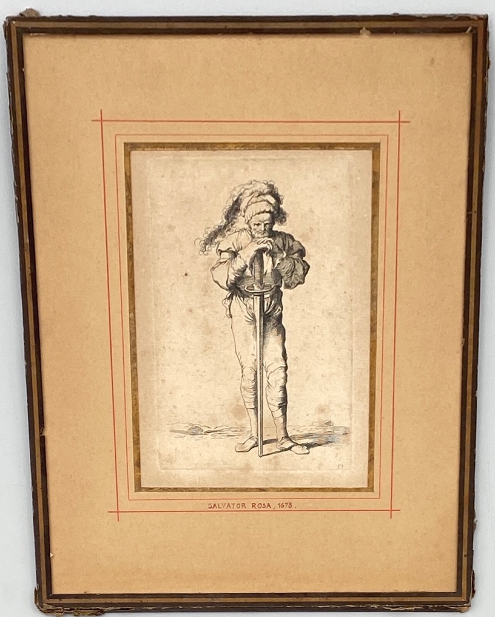 Salvator Rosa Engraving 1673 Numbered 53 Warrior Soldier Standing Sword