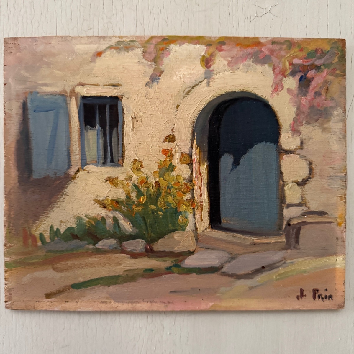 Huile sur panneau par Jeanne Prin façade de maison fleurie -photo-2