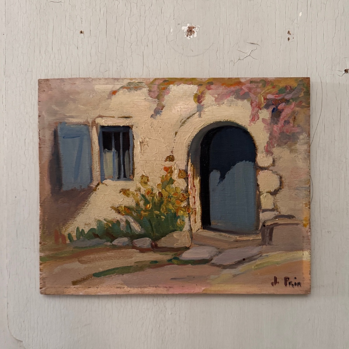 Huile sur panneau par Jeanne Prin façade de maison fleurie -photo-3