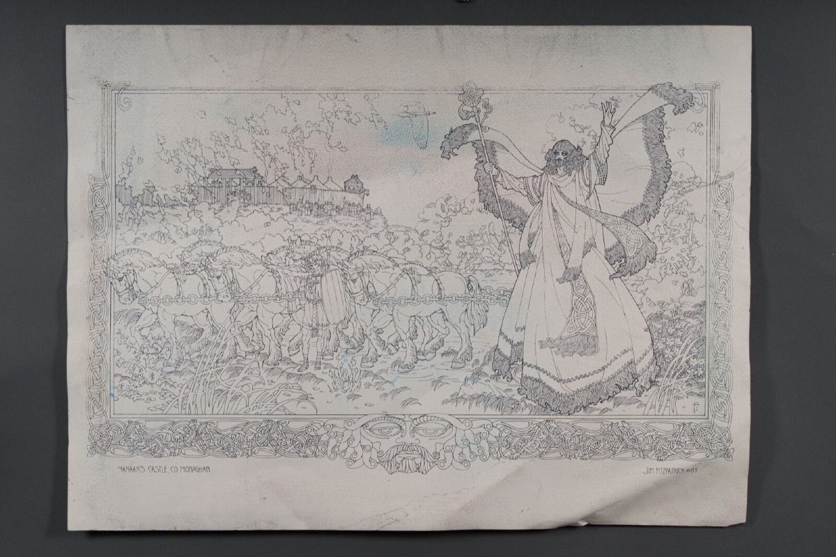 Dessin sur papier par Jim Fitzpatrick 1989 surréalisme médiéval -photo-7