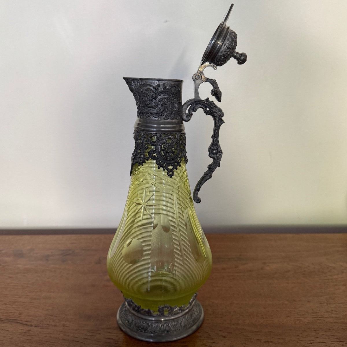 Late 19th Century Pewter And Crystal Decanter With Green Base-photo-2