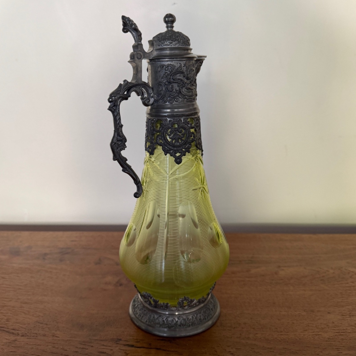 Late 19th Century Pewter And Crystal Decanter With Green Base-photo-3