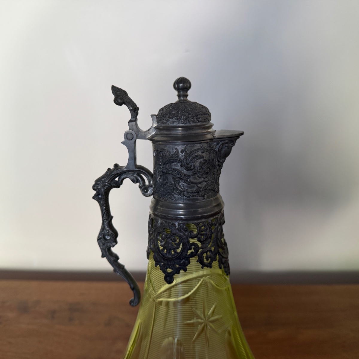 Late 19th Century Pewter And Crystal Decanter With Green Base-photo-5