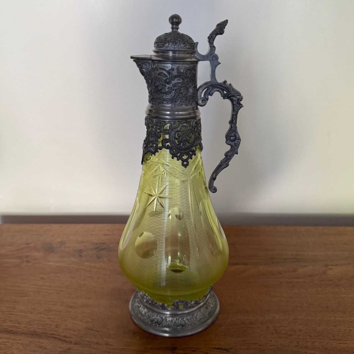 Late 19th Century Pewter And Crystal Decanter With Green Base