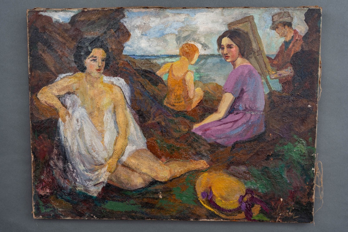 Huile sur toile scène de plage peintre chevalet 