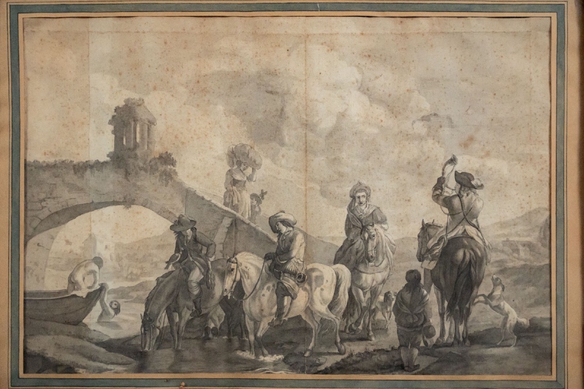 Eighteenth-century Drawing Of Horsemen Near A Bridge, Gilded Frame-photo-2