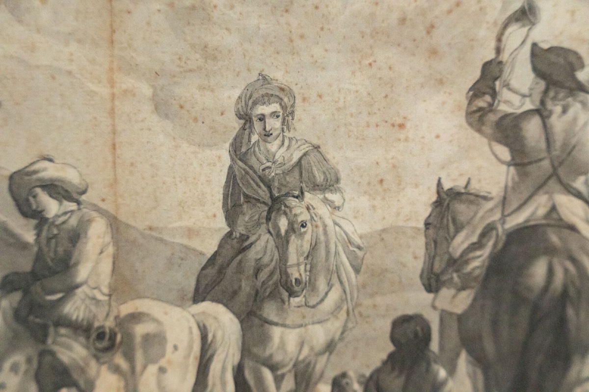 Eighteenth-century Drawing Of Horsemen Near A Bridge, Gilded Frame-photo-4