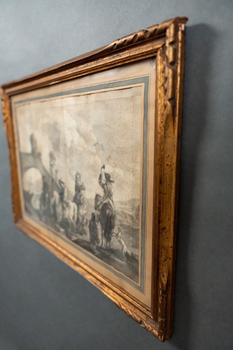 Eighteenth-century Drawing Of Horsemen Near A Bridge, Gilded Frame-photo-5