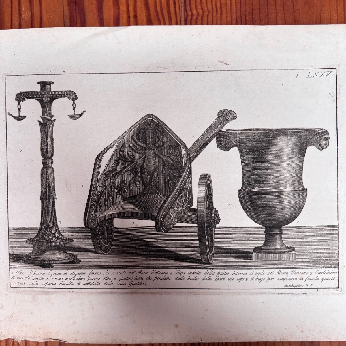 Antique Engraving Early 19th-century Chariot And Roccheggiani Feci Stone Vase