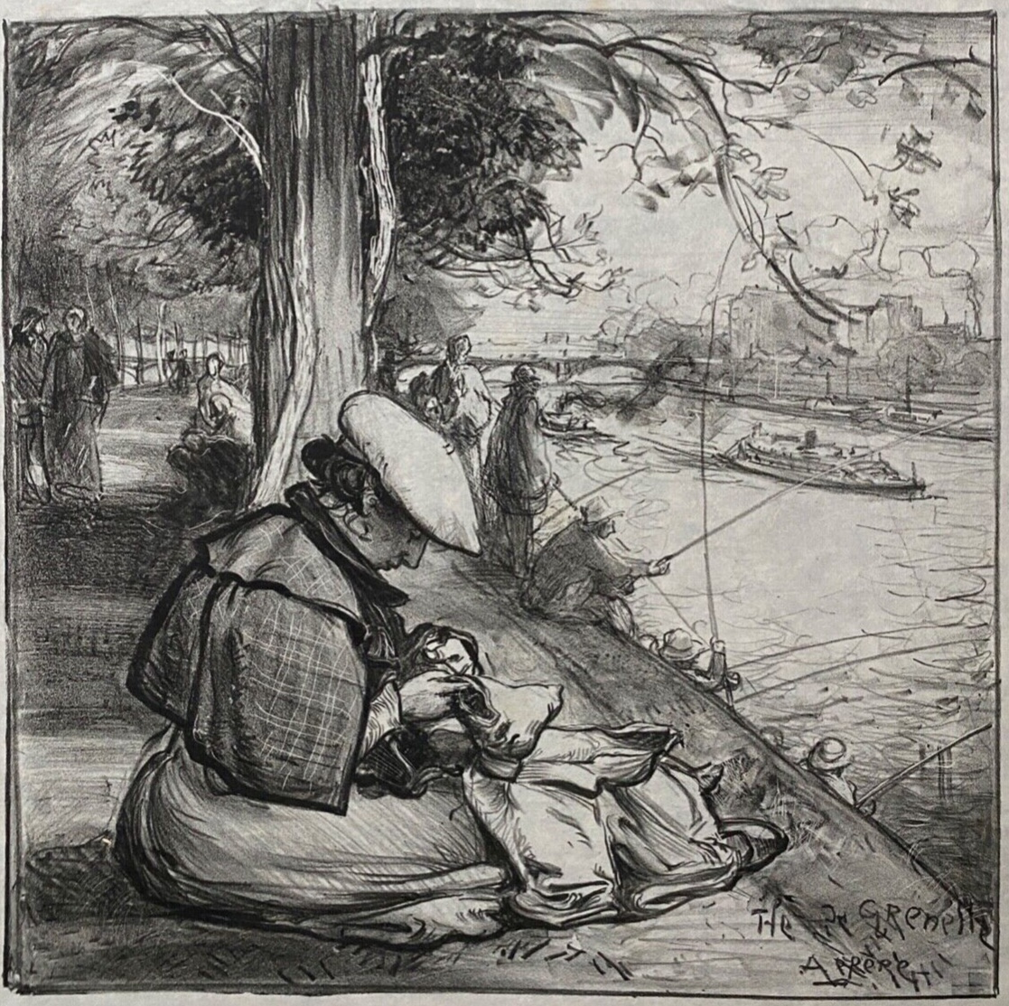 Lithographie contresignée par Auguste Lepère femme à l'ouvrage début XXe-photo-2