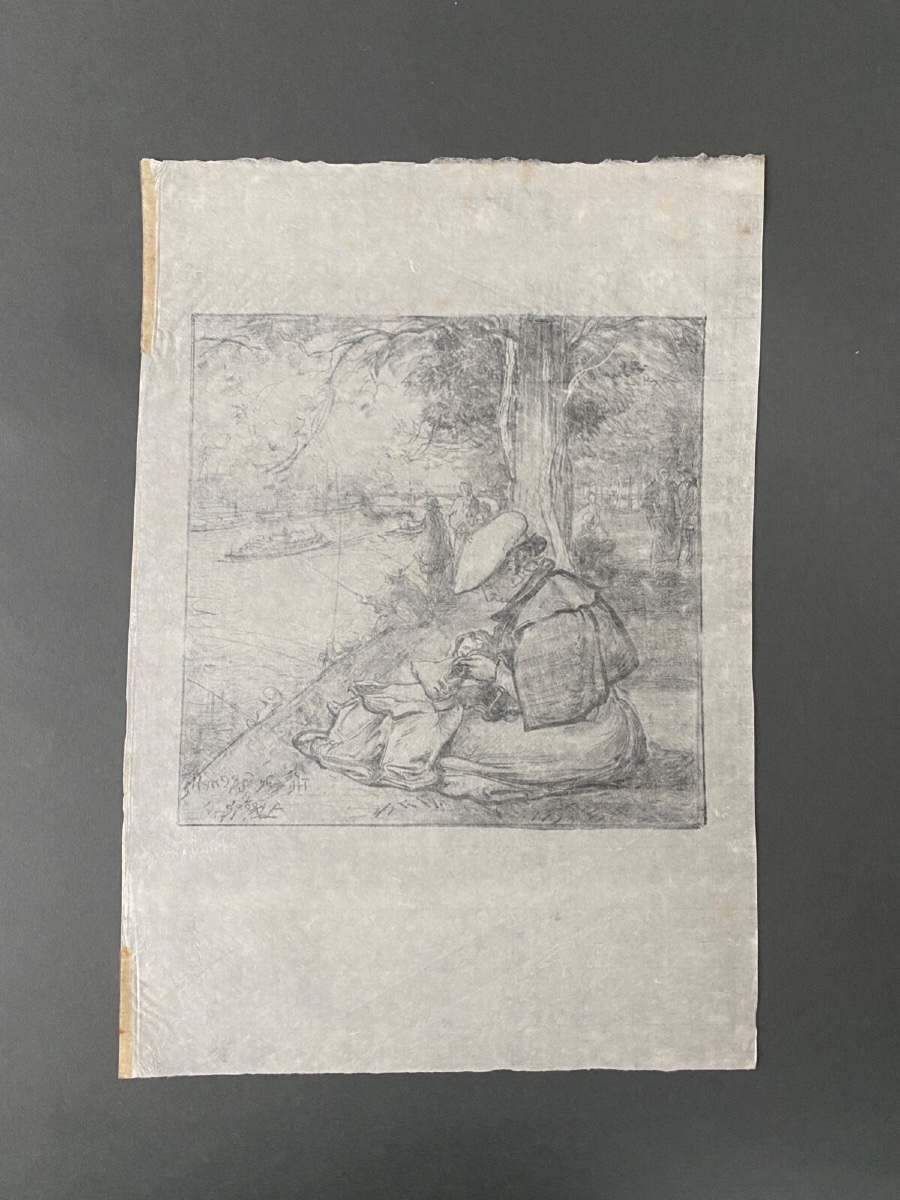 Lithographie contresignée par Auguste Lepère femme à l'ouvrage début XXe-photo-4