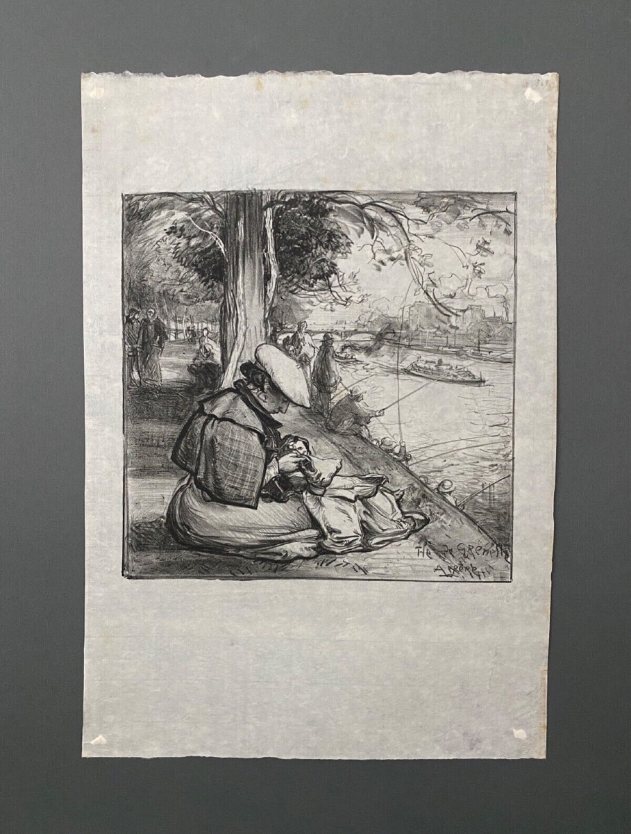 Lithographie contresignée par Auguste Lepère femme à l'ouvrage début XXe