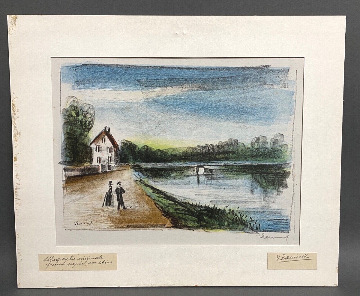 Lithographie originale épreuve signée Maurice Vlaminck bord de rivière-photo-2