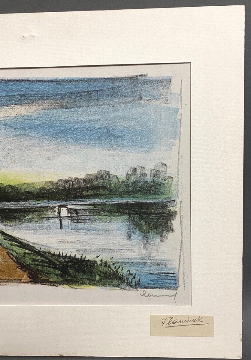 Lithographie originale épreuve signée Maurice Vlaminck bord de rivière-photo-4