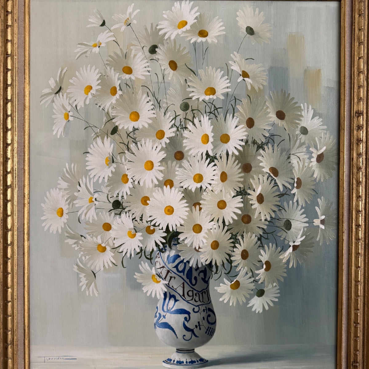 Oil On Canvas Still Life With Daisies By Elisabeth Rouvière 20th Century-photo-4
