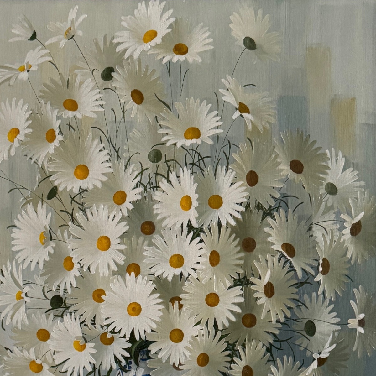 Oil On Canvas Still Life With Daisies By Elisabeth Rouvière 20th Century-photo-2