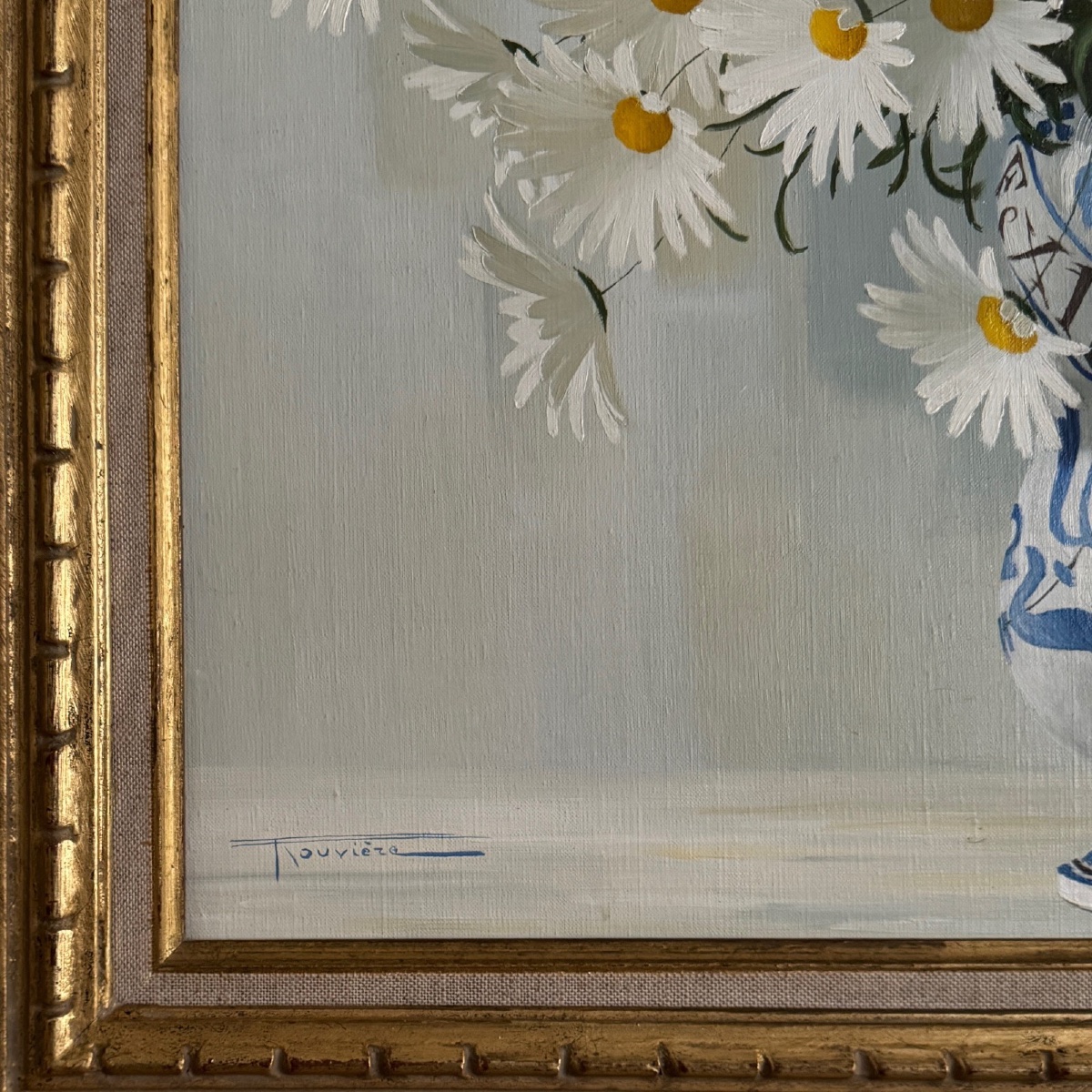 Oil On Canvas Still Life With Daisies By Elisabeth Rouvière 20th Century-photo-3