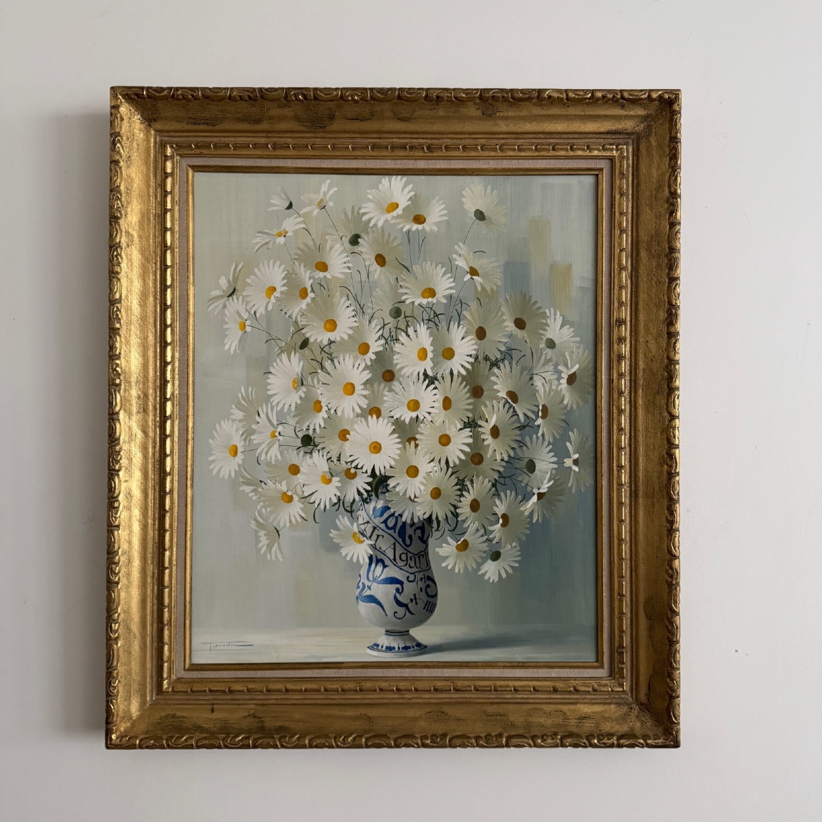 Oil On Canvas Still Life With Daisies By Elisabeth Rouvière 20th Century