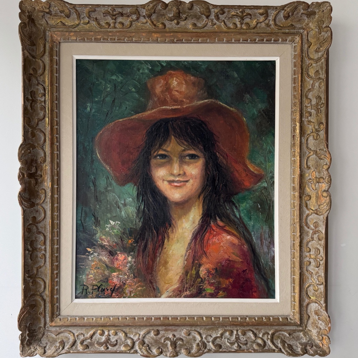 Oil On Canvas By Renée Plard La Jeune Femme Au Chapeau Rouge 20th 1974-photo-2