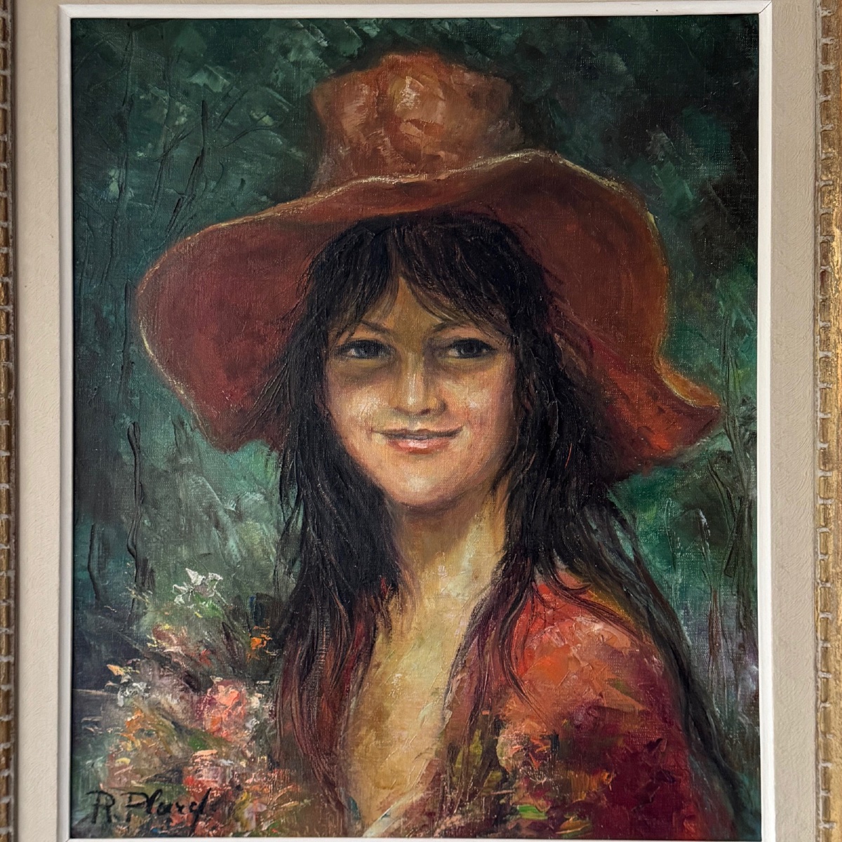 Oil On Canvas By Renée Plard La Jeune Femme Au Chapeau Rouge 20th 1974-photo-3