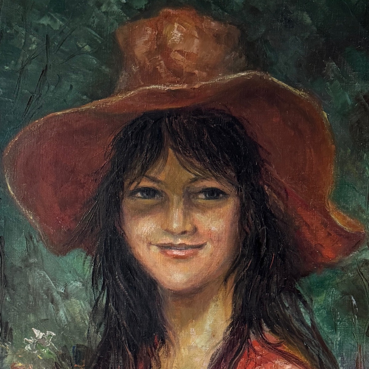 Oil On Canvas By Renée Plard La Jeune Femme Au Chapeau Rouge 20th 1974-photo-1