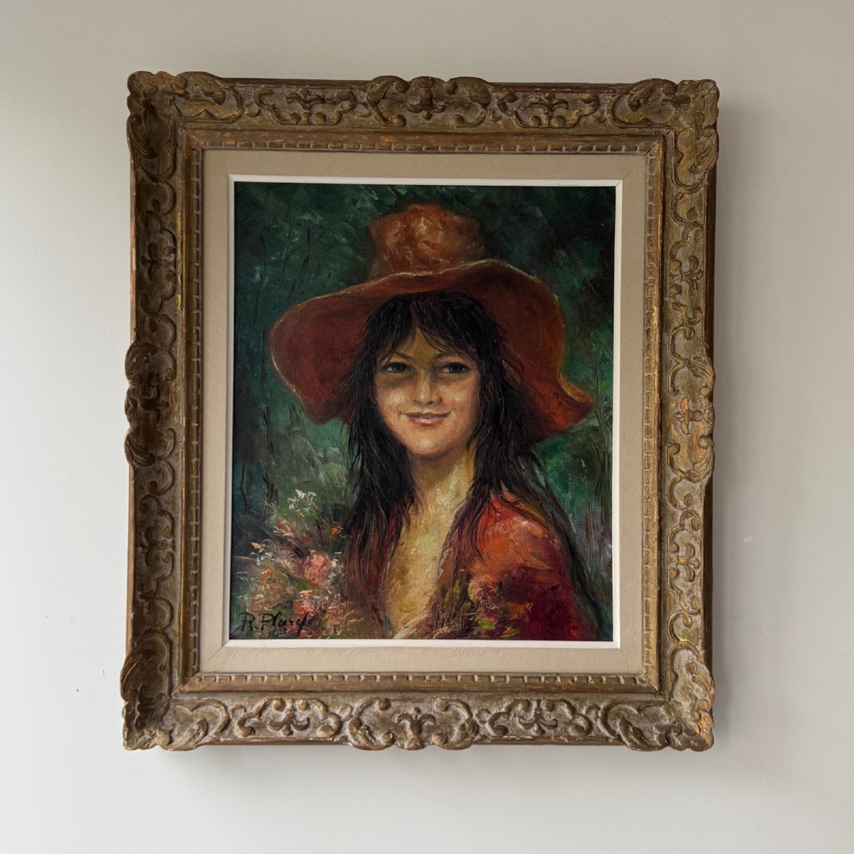 Oil On Canvas By Renée Plard La Jeune Femme Au Chapeau Rouge 20th 1974