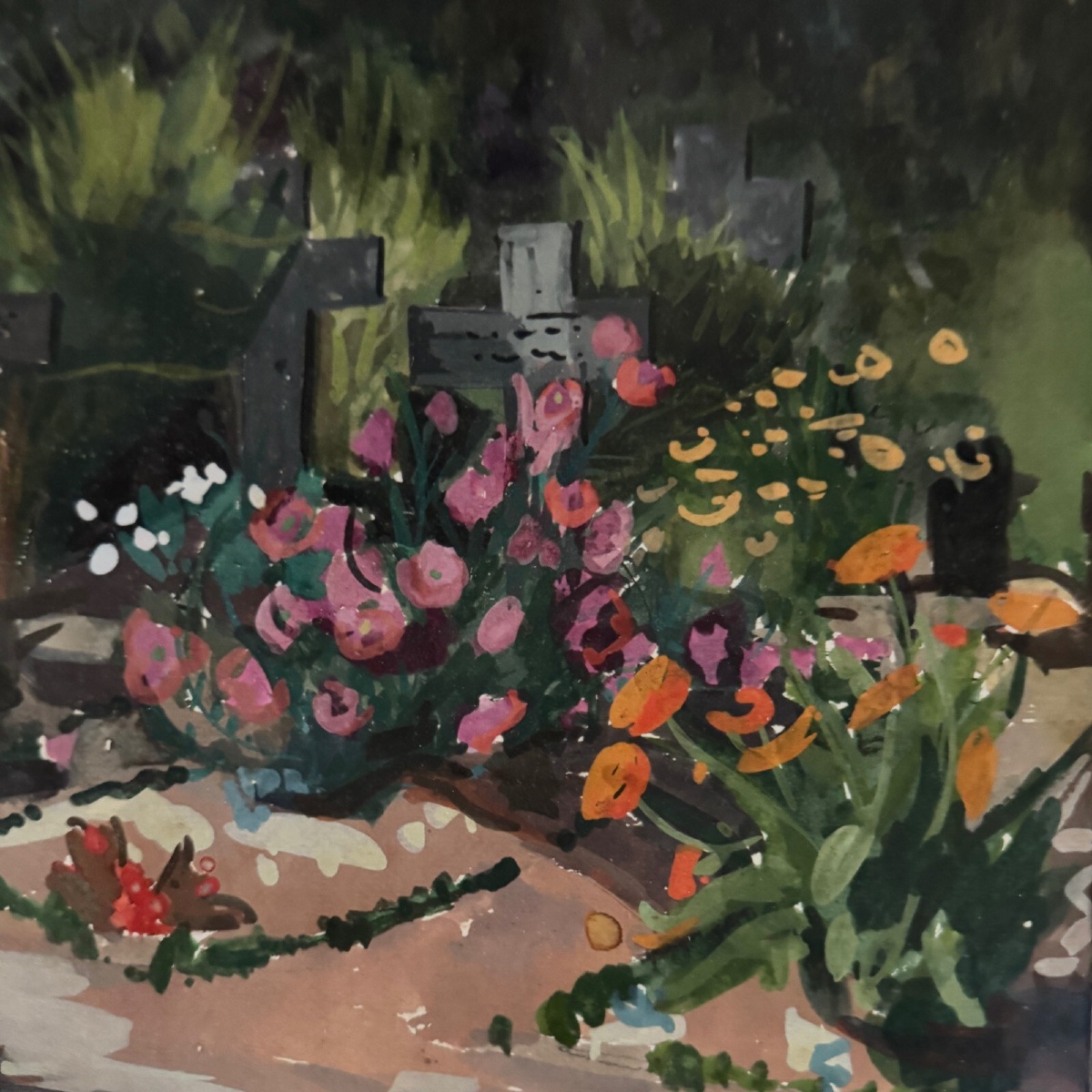 Gouache On Paper Flowered Cemetery Of The Benedictines Of Craon 1945-photo-2